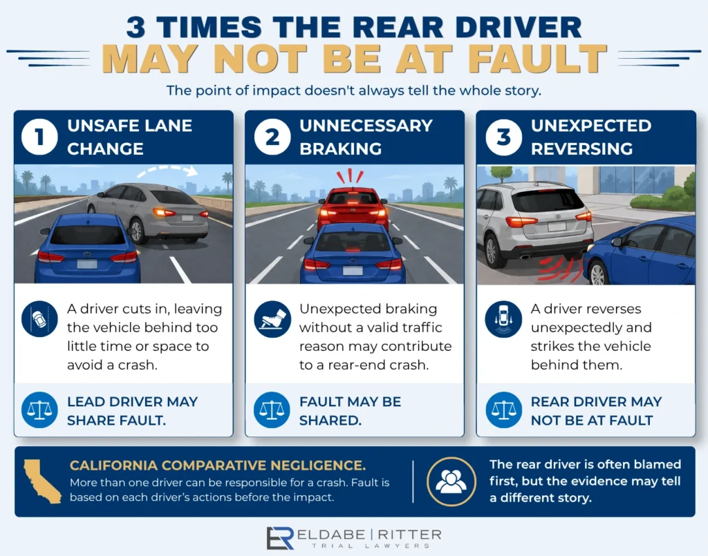 Infographic showing three common rear-end accident fault scenarios under California comparative negligence.