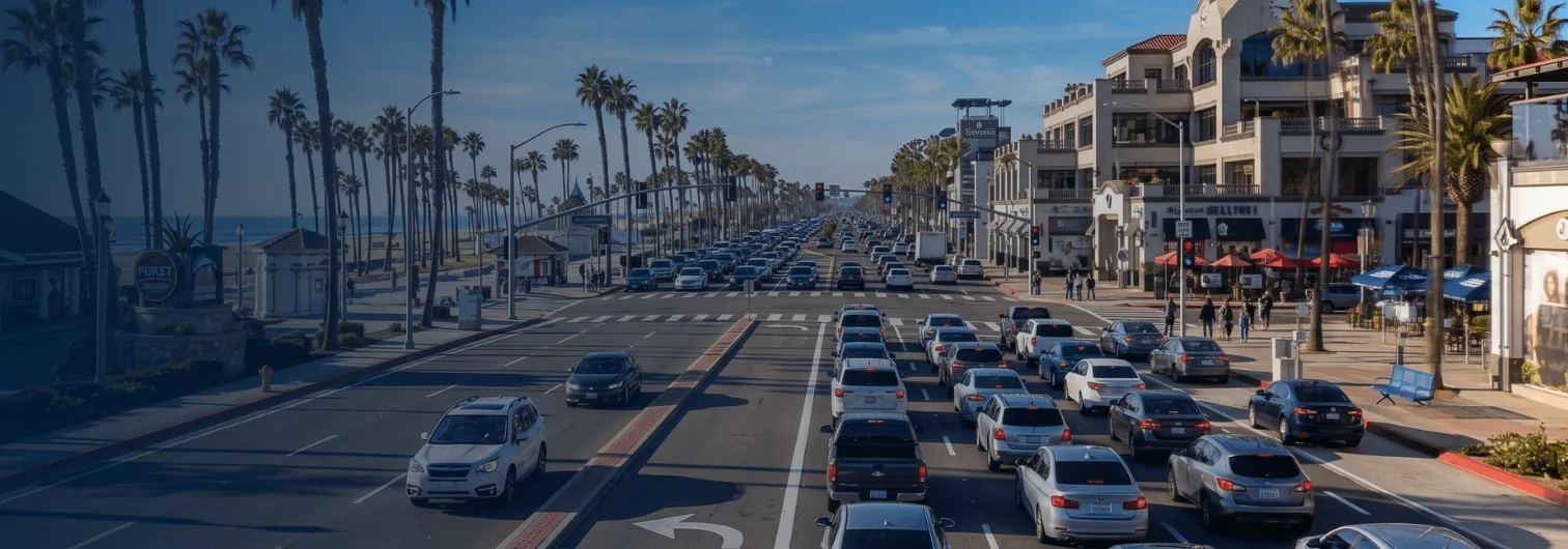Bumper-to-bumper traffic stopped on Pacific Coast Highway in Huntington Beach during daylight hours.