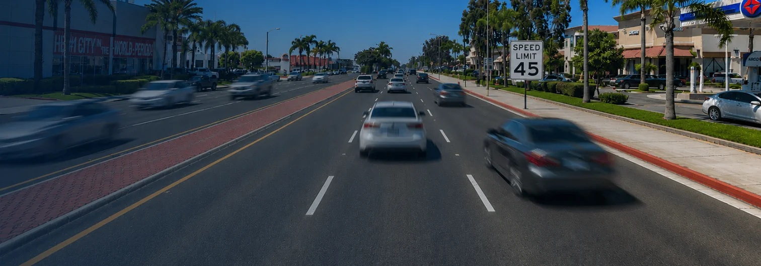 Motion-blurred vehicle passing a 45 mph speed limit sign on Beach Blvd in Huntington Beach.