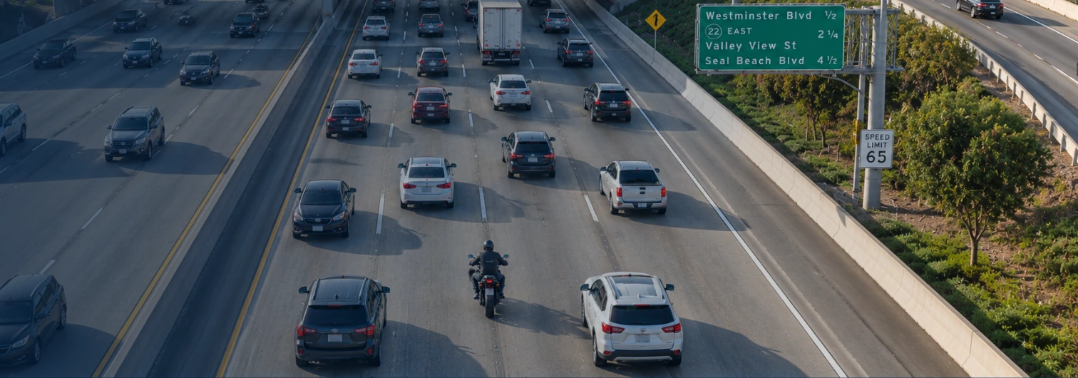 Motorcycle traveling on the 405 Freeway near Huntington Beach in Orange County