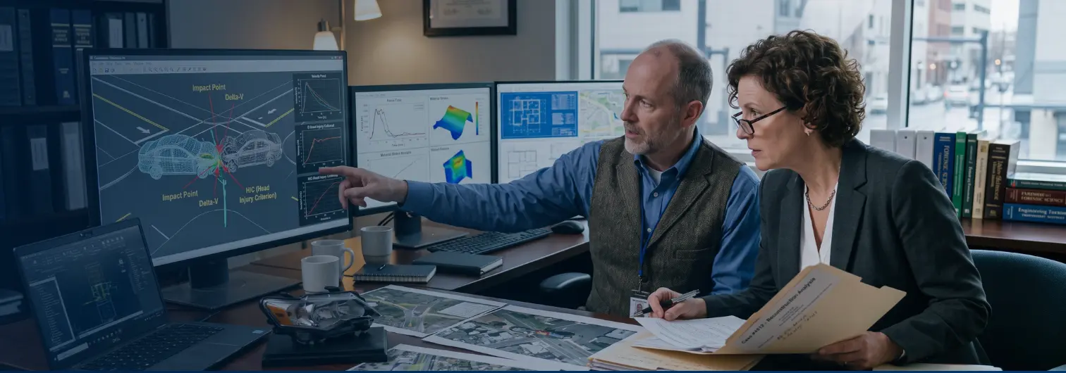 Biomechanical expert analyzing collision forces in a personal injury case