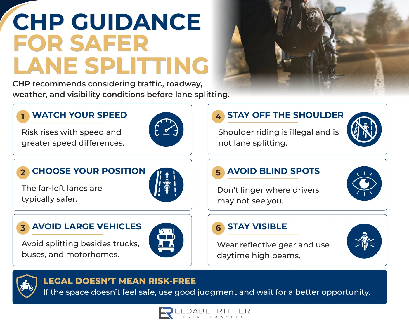 California motorcycle lane-splitting safety factors including speed, traffic, and visibility