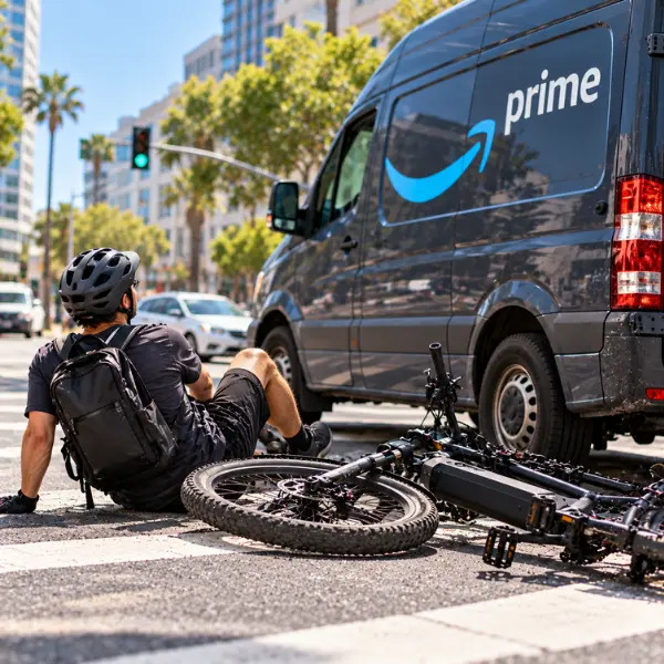 E-bike rider on the ground after an accident involving an Amazon delivery van at a city intersection.