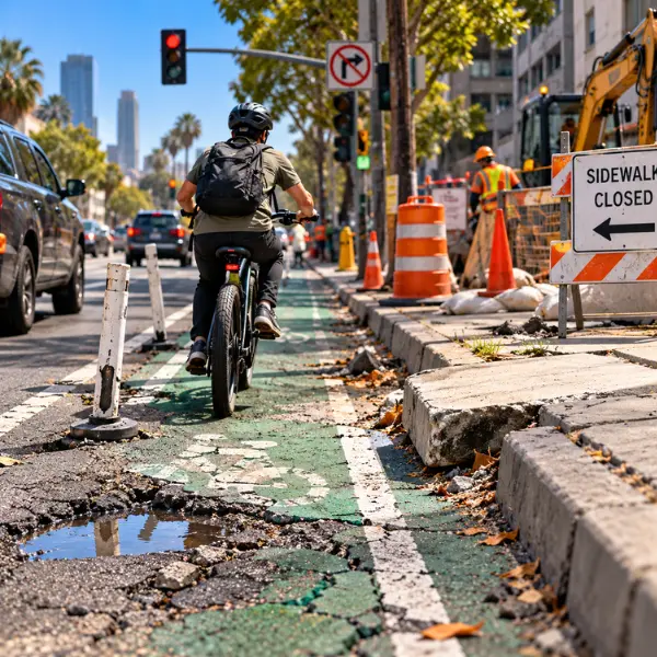 E-bike rider navigating a poorly maintained bike lane with potholes, broken pavement, and construction hazards.