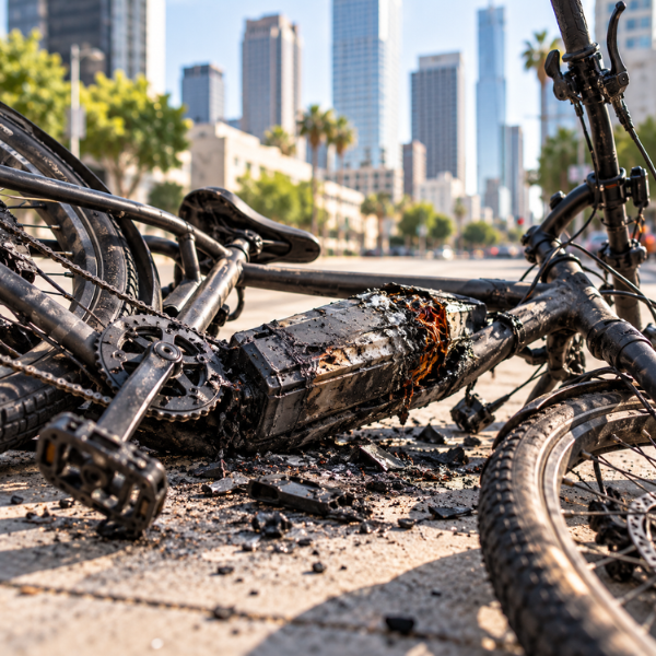 Burned electric bicycle with a fire-damaged lithium-ion battery after an e-bike battery fire.