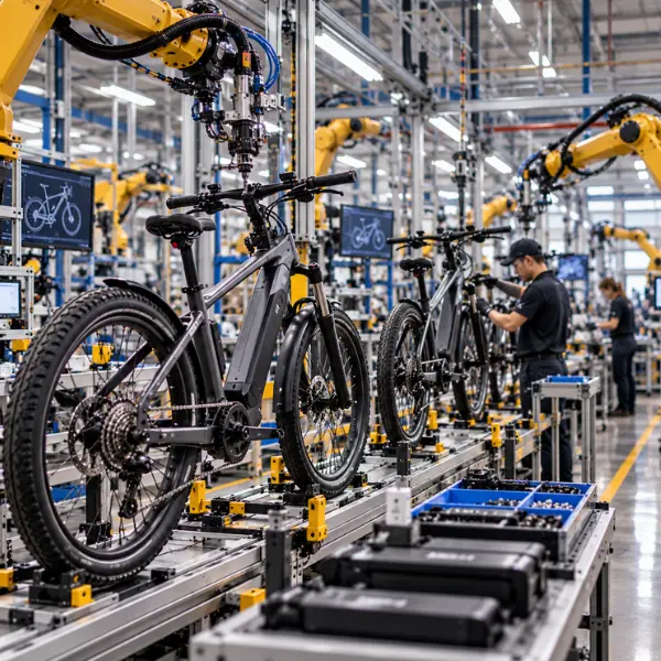 E-bike manufacturing facility with electric bicycles moving through a modern assembly line.