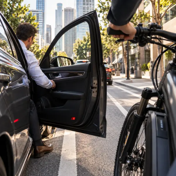 E-bike rider approaching an open car door in a Downtown bike lane, illustrating the risk of a dooring accident.