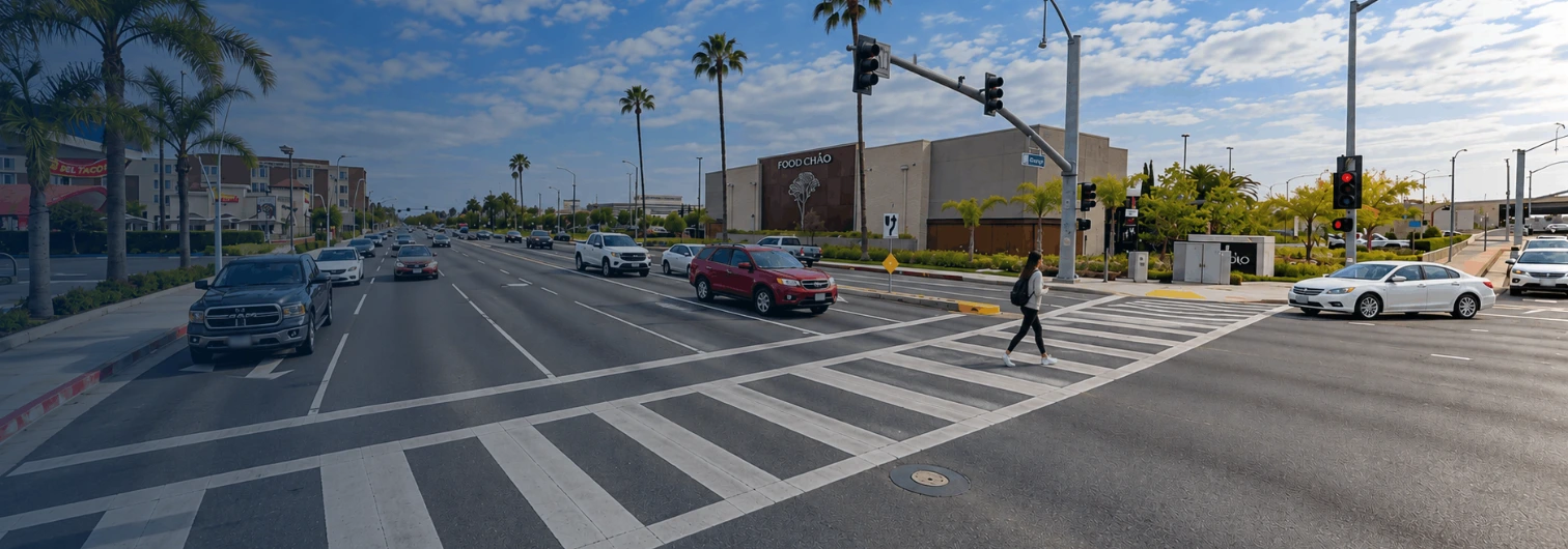 Pedestrian crossing a major arterial road at an intersection in Huntington Beach, California