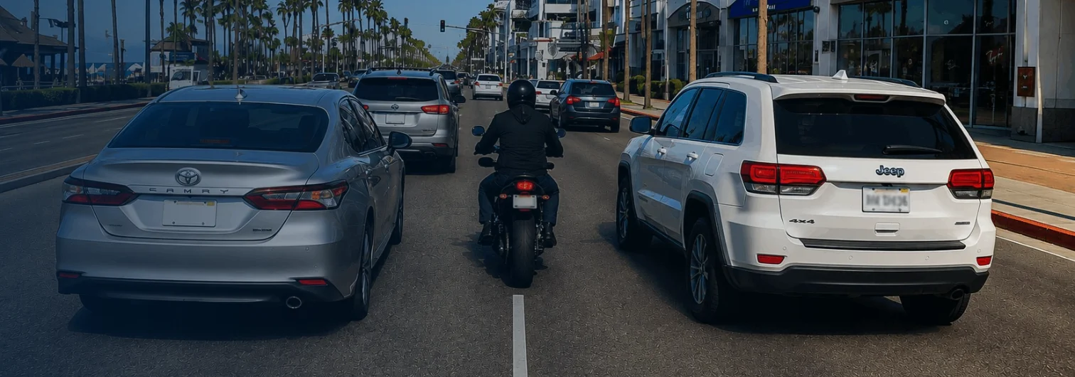 Motorcycle lane splitting between slow-moving traffic in Huntington Beach, California