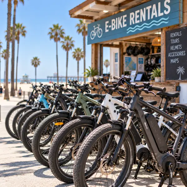 Worn e-bikes lined up outside a beach rental shop, illustrating poorly maintained electric bicycle rentals.