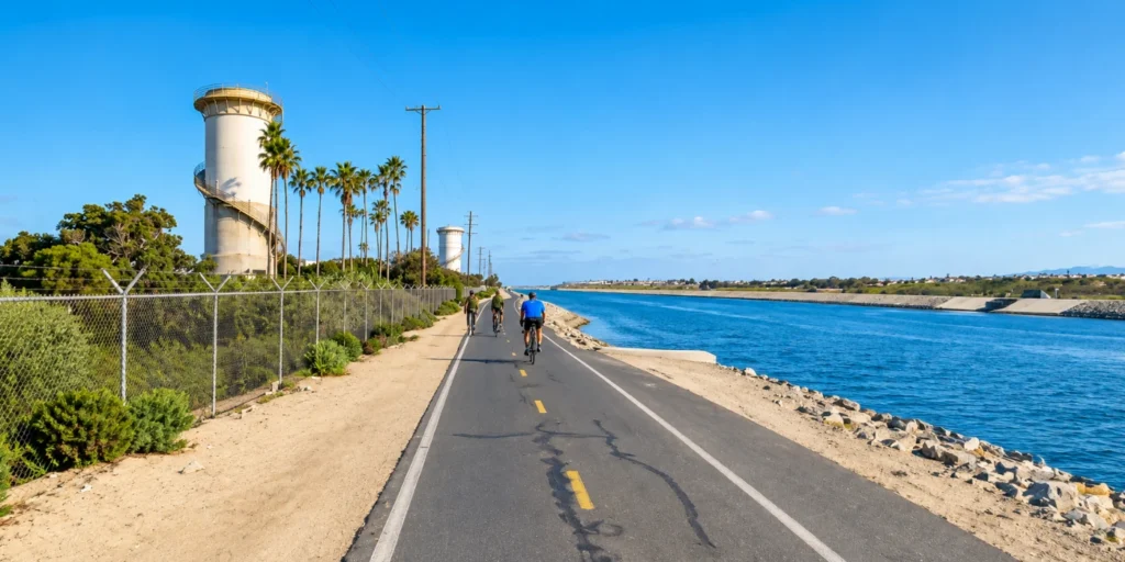 Paved Santa Ana River Trail used by cyclists in Orange County