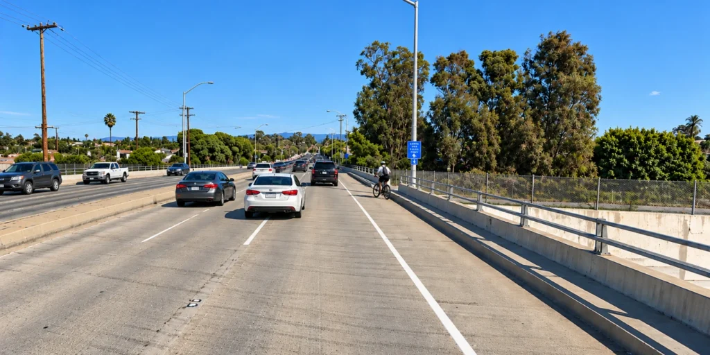 Cyclist approaching a roadway connection from the Santa Ana River Trail in Orange County