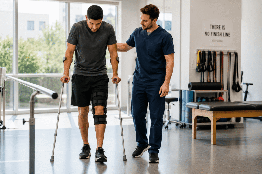Patient using crutches during physical therapy after a serious injury