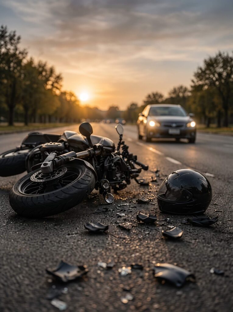 Motorcycle and helmet on the roadway after a Texas motorcycle accident