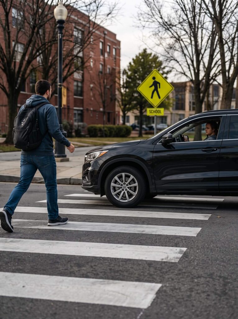 Pedestrian crossing a street as a vehicle approaches a Texas crosswalk