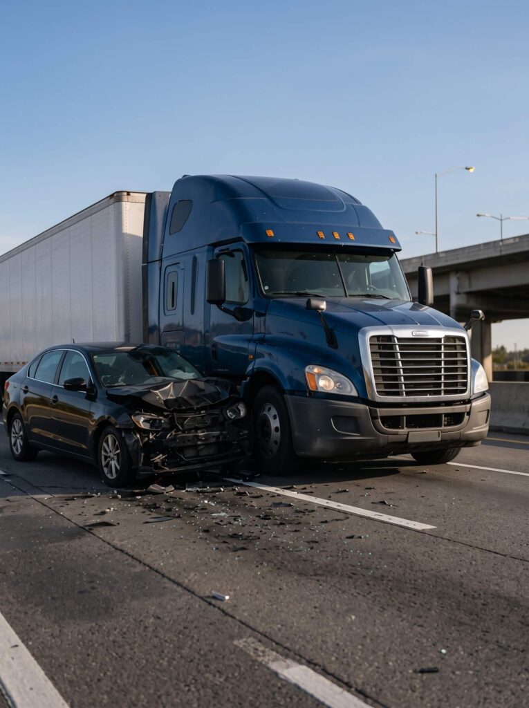 Passenger car damaged in a collision with a commercial truck in Texas