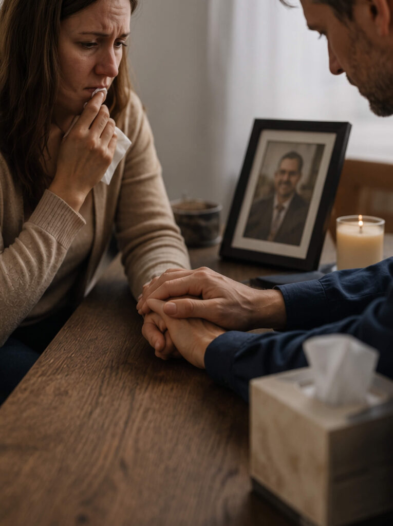 Grieving family member receiving support after the loss of a loved one