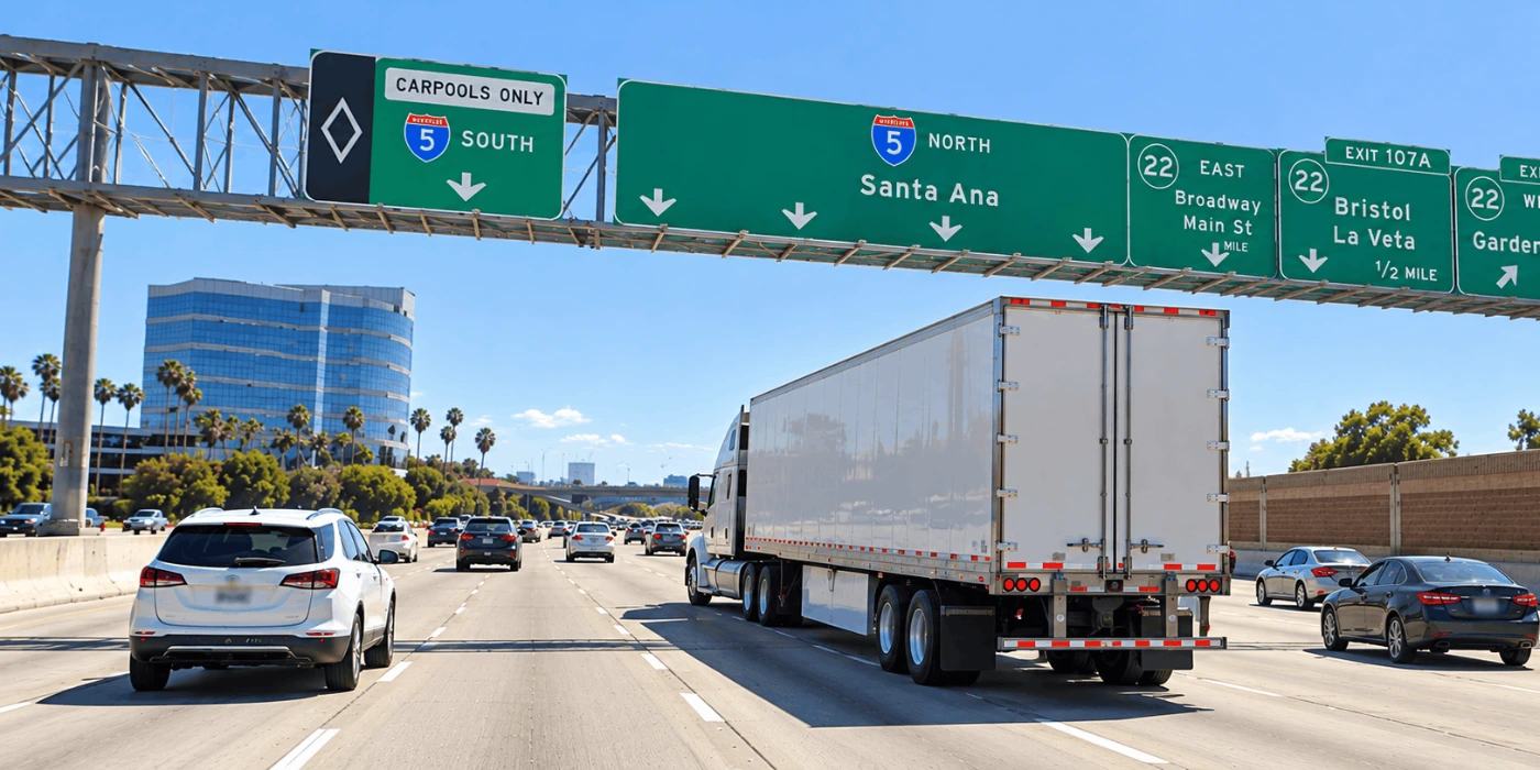 Commercial freight truck traveling in heavy traffic on the 5 freeway near Santa Ana