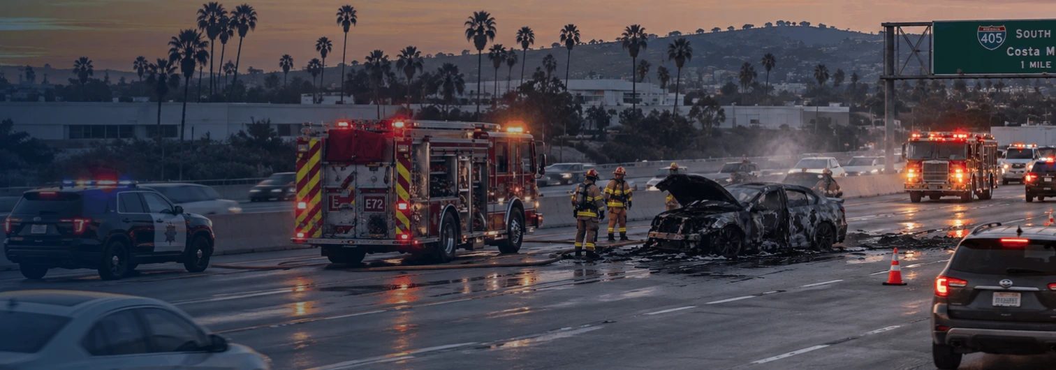 Fire truck near the engine bay of a vehicle pulled to the side of an Orange County road