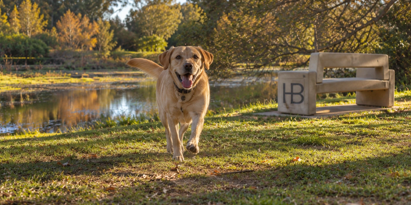 Unleashed dog running toward camera in a Huntington Beach park setting