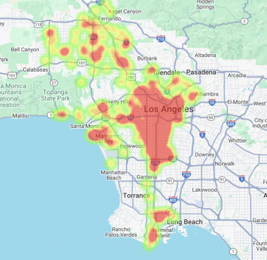 heatmap of bicycle accidents that happened in Los Angeles in 2024