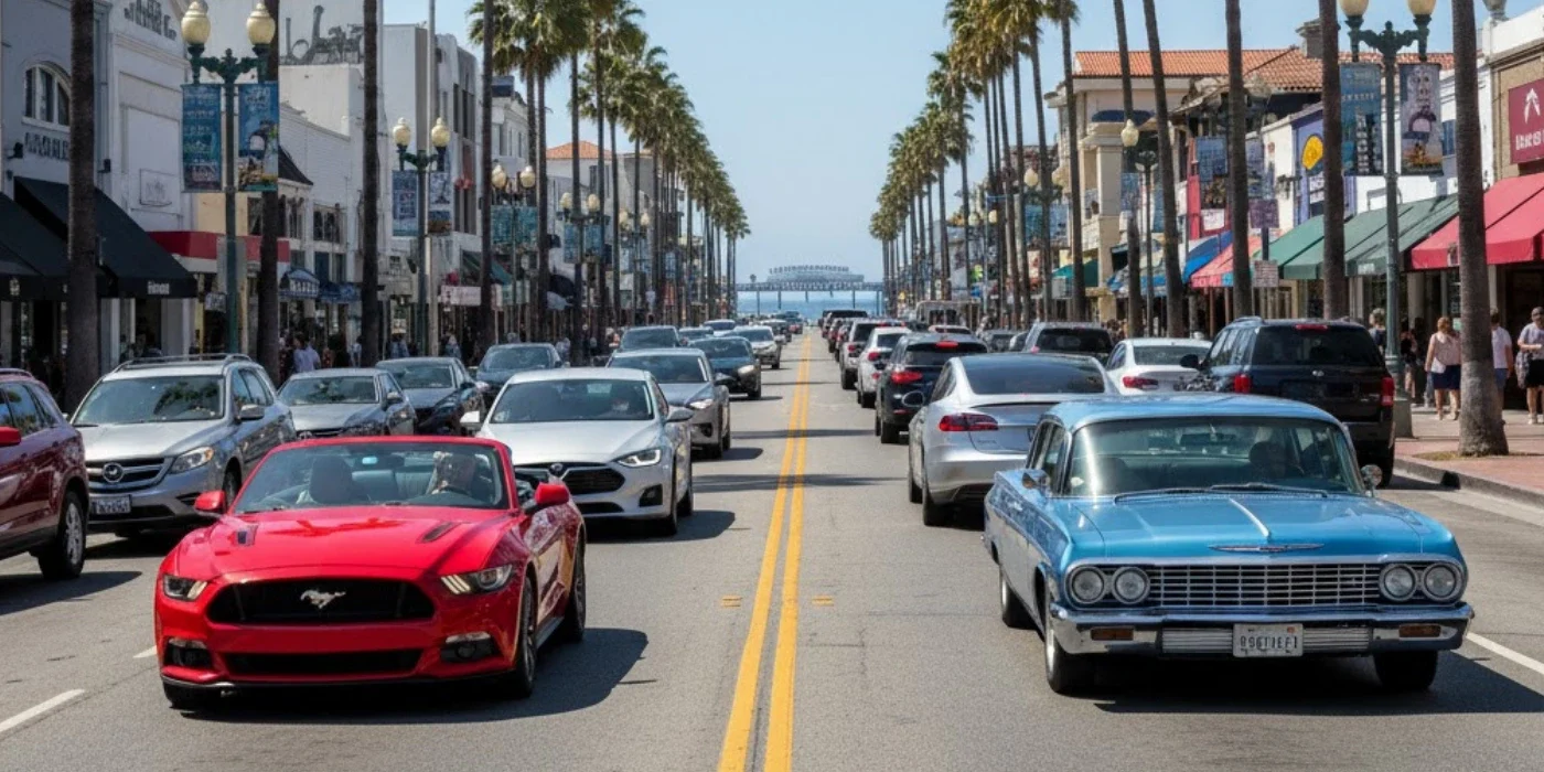 cars driving through downtown huntington beach