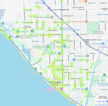Map of Huntington Beach showing bicycle accident hotspots