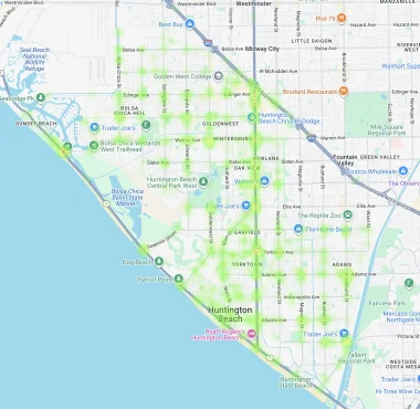 Map of Huntington Beach showing car accident hotspots