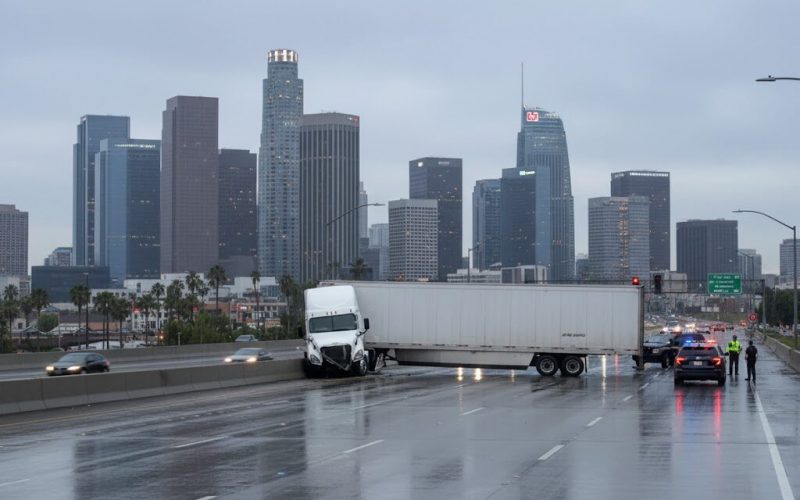 jackknifing truck in the freeway in Los Angeles