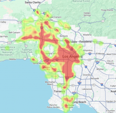 heatmap of motorcycle accidents that happened in Los Angeles in 2024