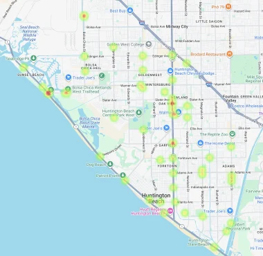 Map of Huntington Beach showing motorcycle accident hotspots