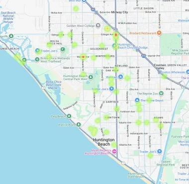 Map of Huntington Beach showing pedestrian accident hotspots