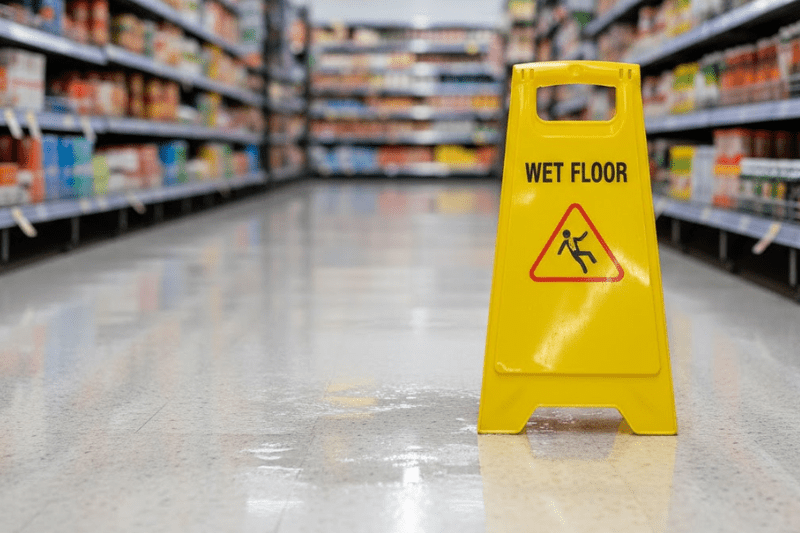 image of a spill at a supermarket with a wet floor sign